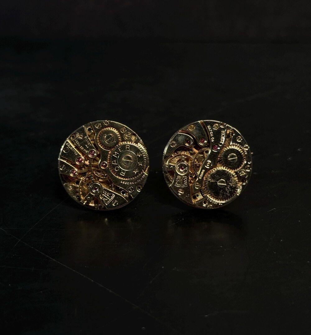 Shields Swiss Mechanical Watch Movement Cufflinks Gold Tone